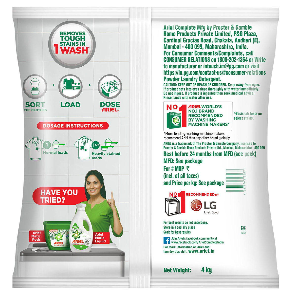 Ariel Complete Detergent Powder | Removes 100 Tough Stains in 1 wash 4 kg X 2 Combo