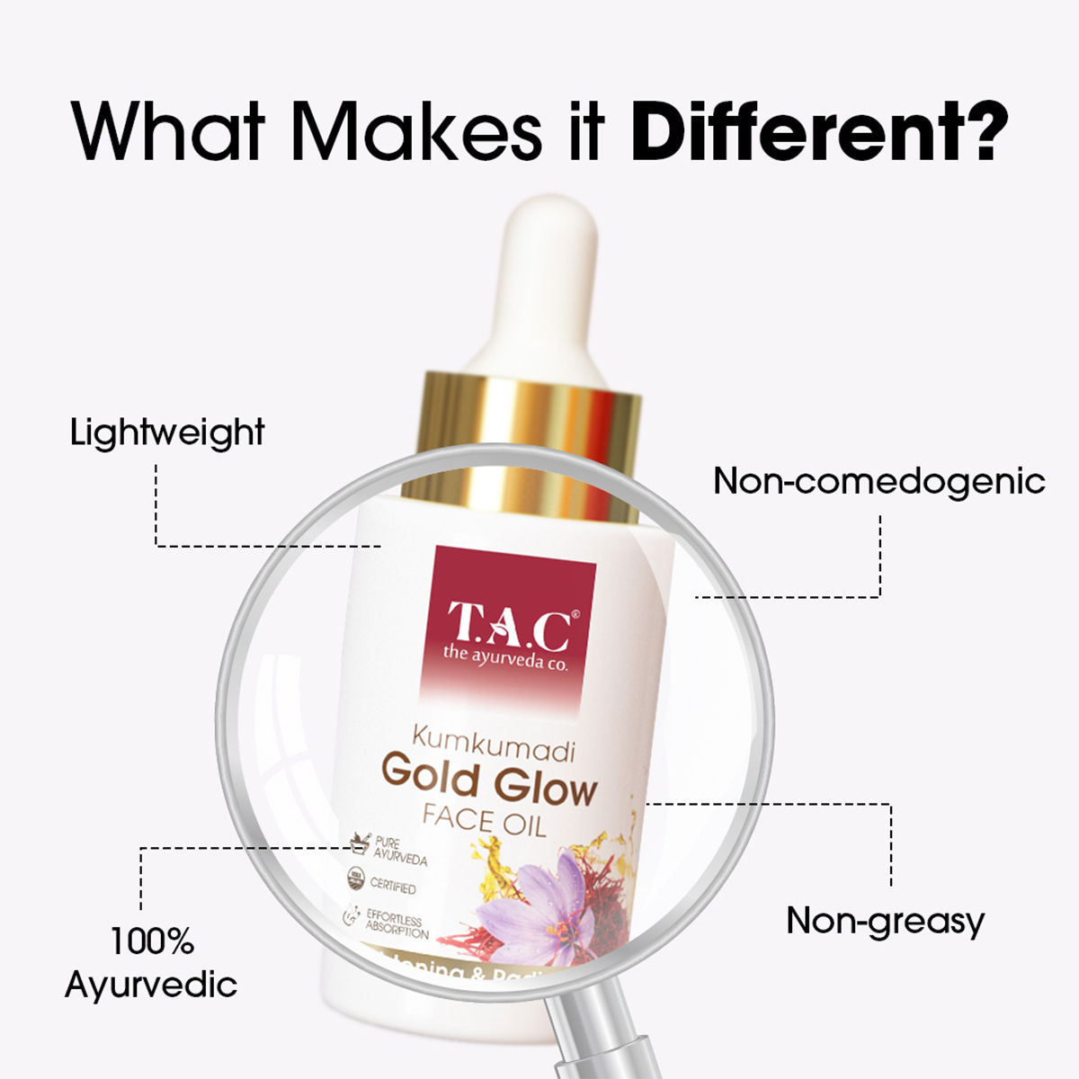 TAC 100% Pure Kumkumadi Gold Glow Face Oil Brightens, Reduces Pigmentation & Wrinkles