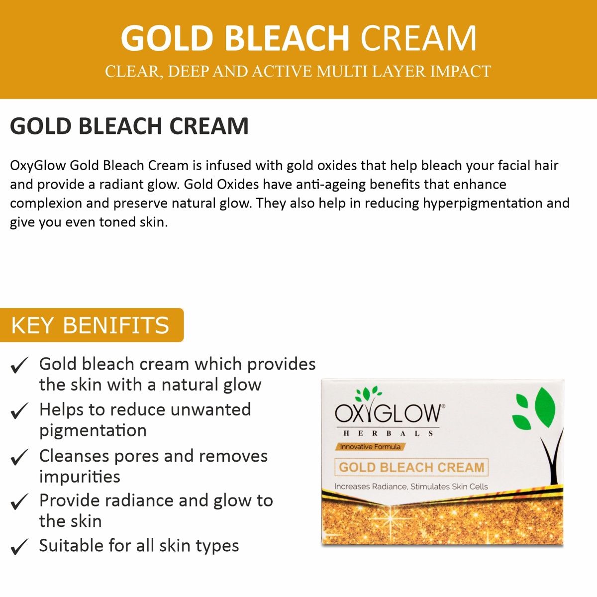Oxyglow Herbals Gold Bleach Cream For All Skin Types | Gives Instant Glow & Lightens Pigmentation