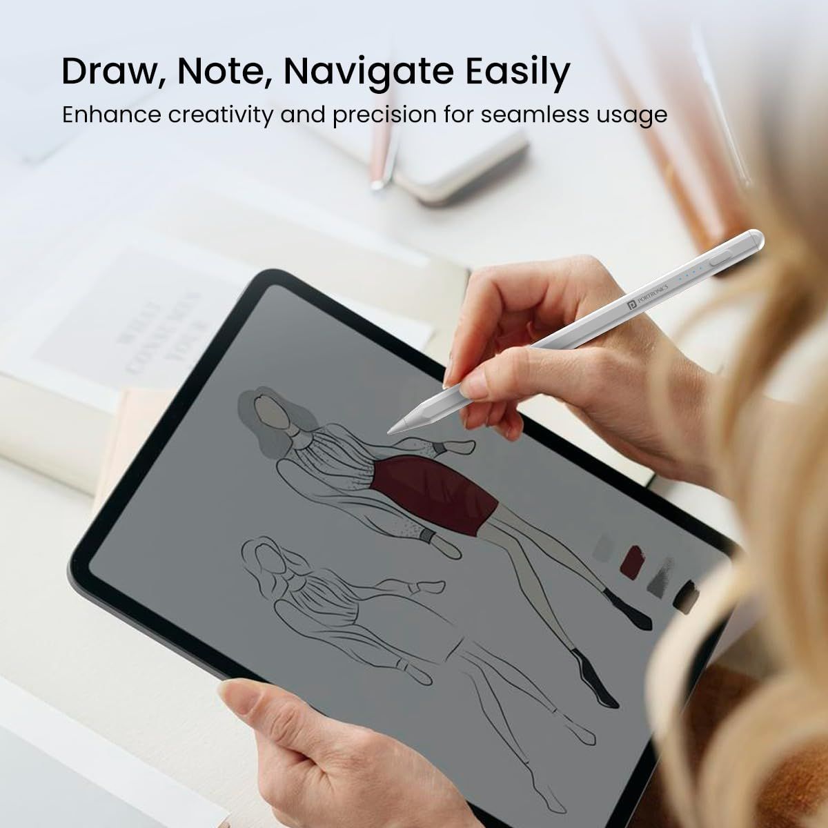 Portronics Glide Stylus Pencil for iPad Tablets with Angle Tilt Sensitivity, Palm Rejection, Attaches Magnetically, Battery LED Indicator, Type-C Charging