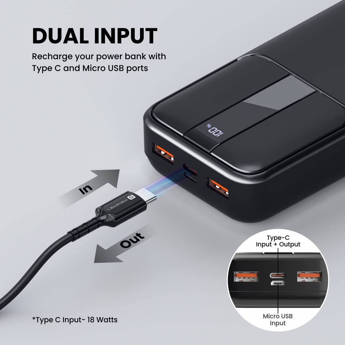 Portronics Power D 20K 20000 Mah Power Bank With 22.5W Max Output - Black