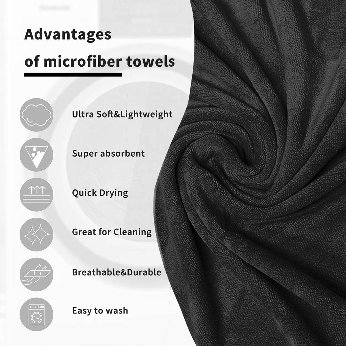 Sassoon Microfiber Large Bath Towel | Black | 70 x 145 cm