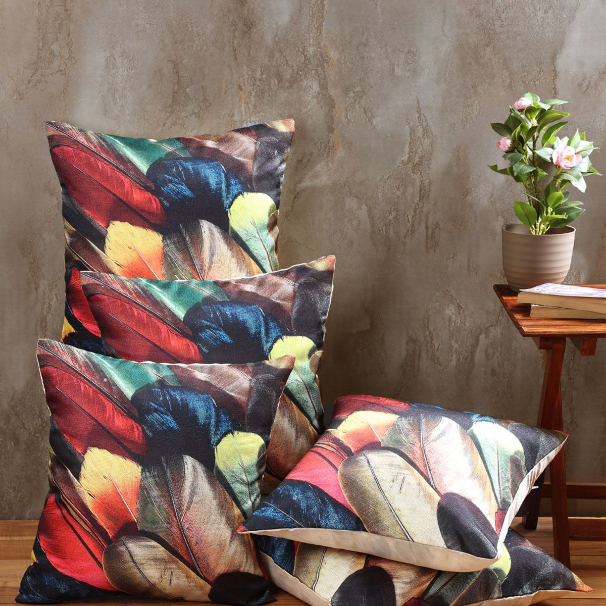 Romee Soft Jute Bird Feather Print Cushion Covers 40 x 40cm Set of 5 | Multicolor