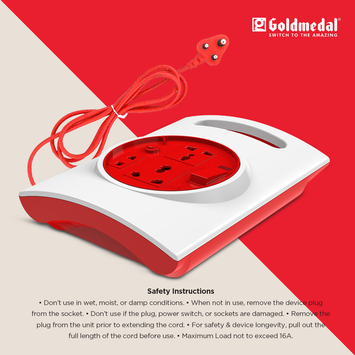 Goldmedal G-Expert 16A 3-Pin Extension Cord (White) - with Power Plug- Master Switch with Indicator, 16A Uni. Socket, 3.5-meter Cable, International Sockets & Tripper for Heavy Appliances