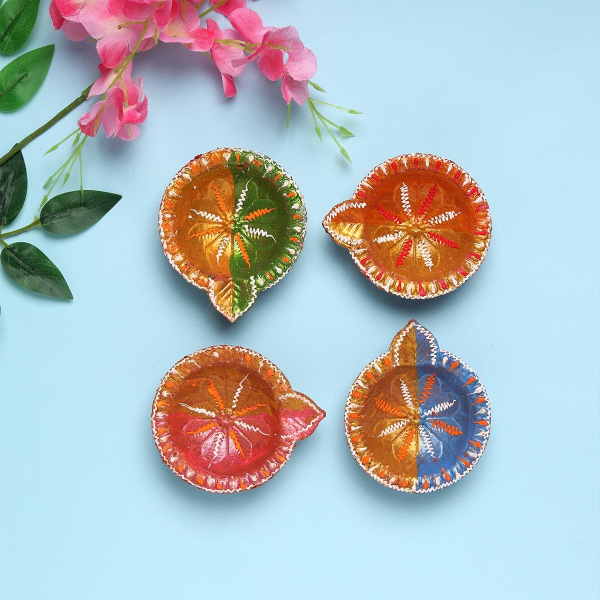 Shruti Creations In Flower Decorative Clay Diya - Set Of 4