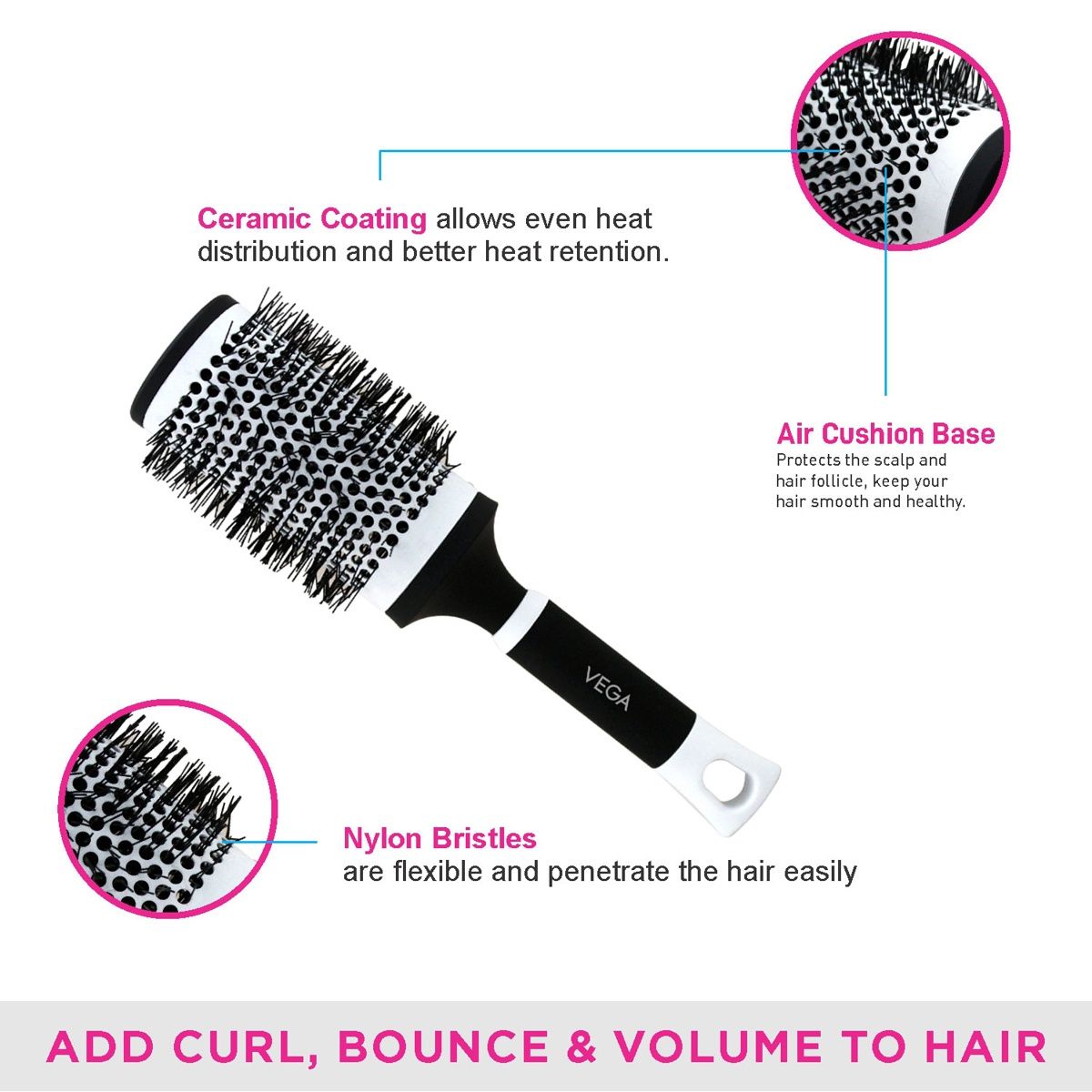 VEGA Hot Curl Brush For Hair Styling | Drying | Healthy Hair And Add Volume | Large | H1-Prl