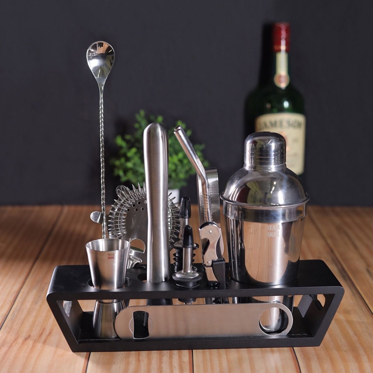Bar Box 14-Piece Bar Tool Set Stylish Bamboo Stand Home Bartending Kit (Black - Silver)