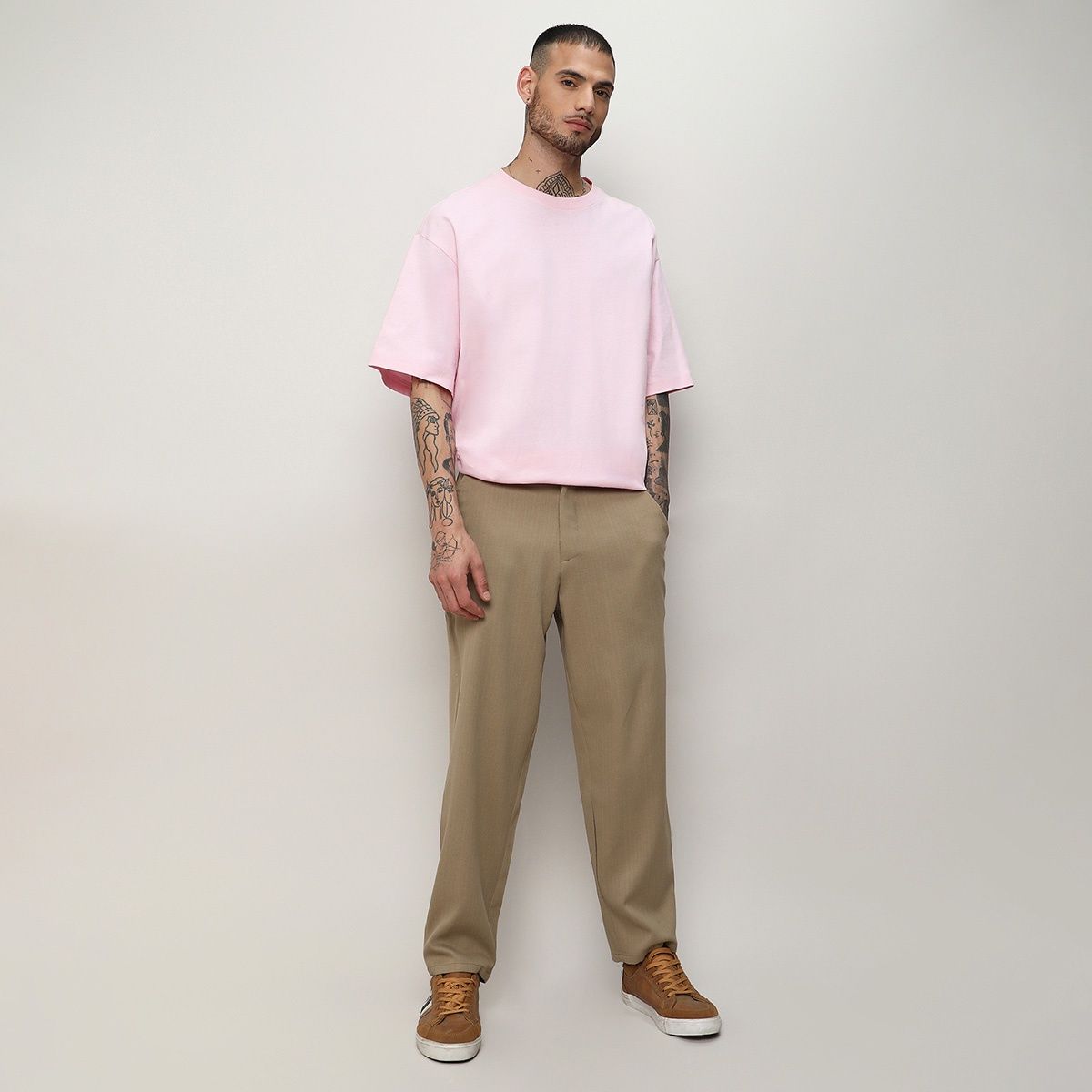 Campus Sutra Men's Solid Tailored Trousers | Beige - 30