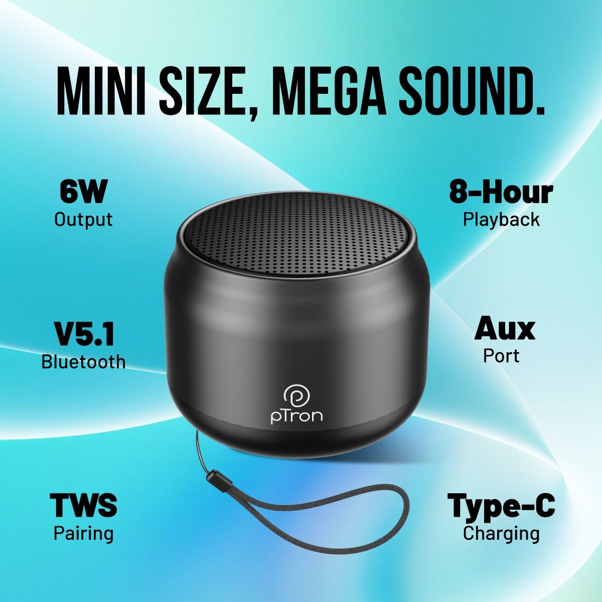 pTron Funk Mini 6W Bluetooth Speaker With 8hrs Playtime| Pristine Sound - Black