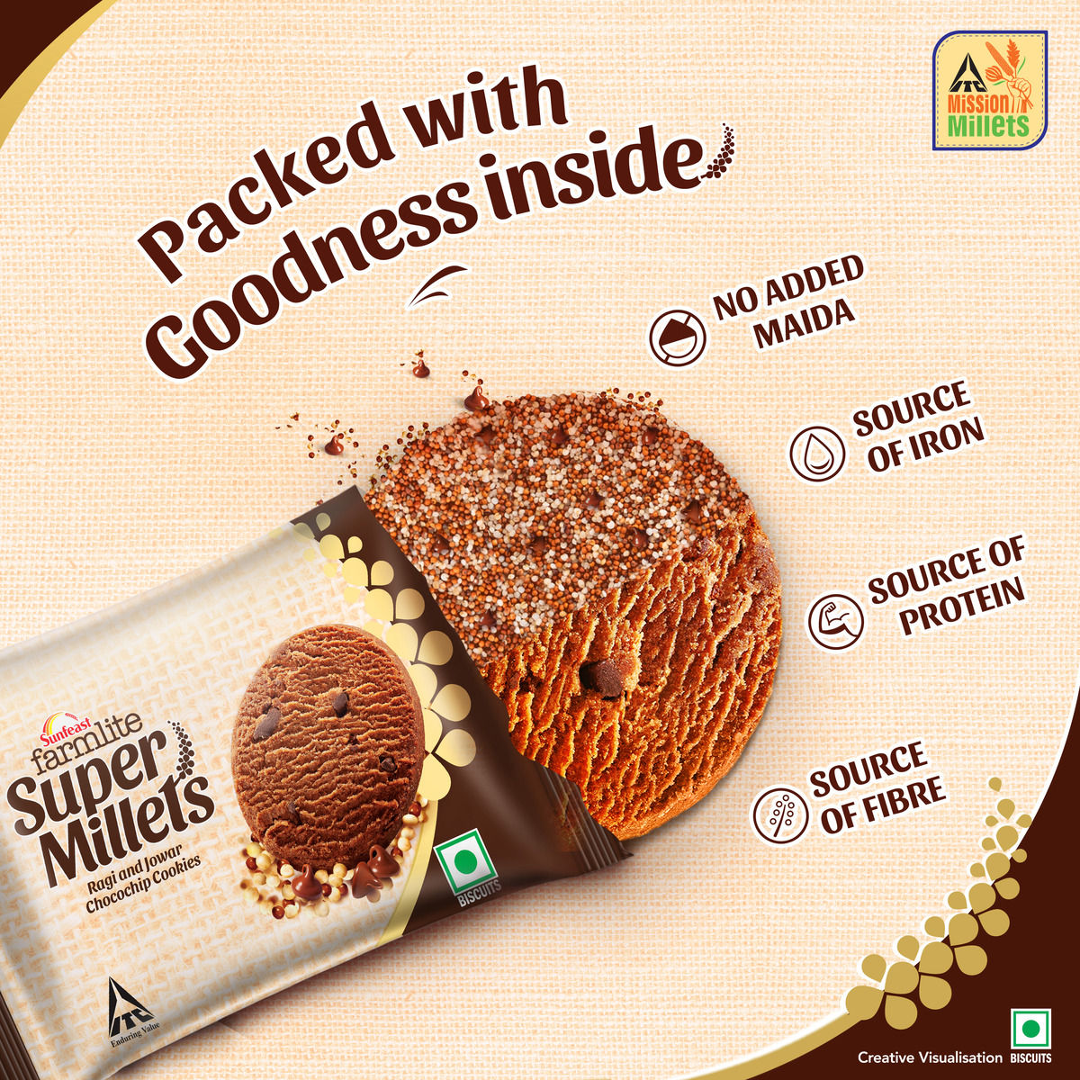Sunfeast Farmlite Super Millets Ragi and Jowar Chocochip Cookies,Delightfully Tasty & Crunchy