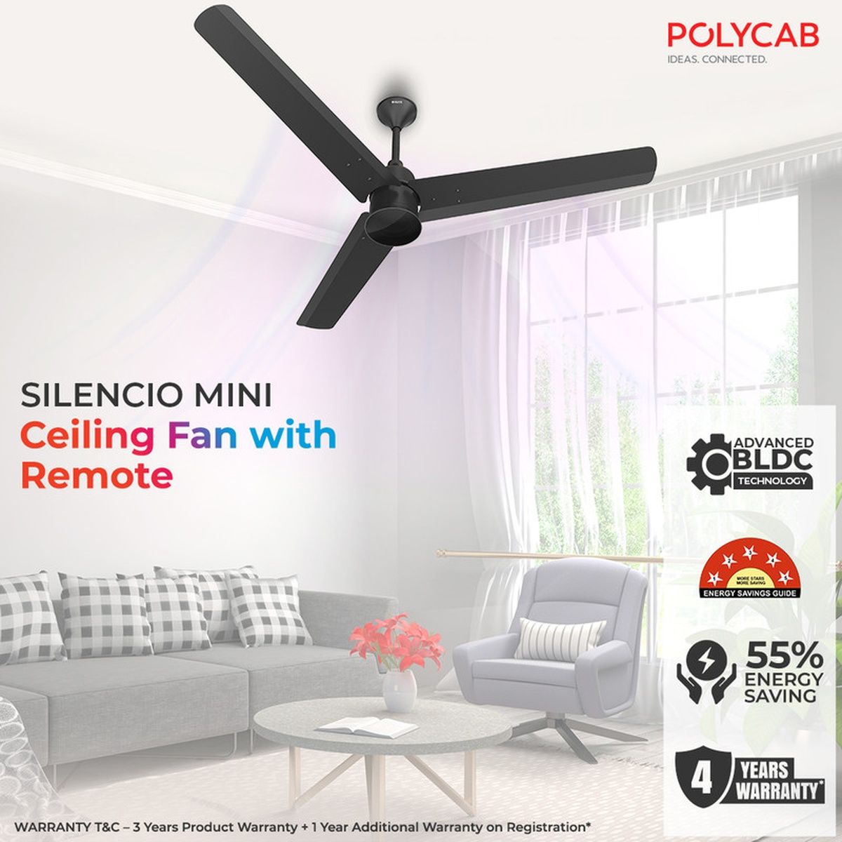 Polycab Silencio Mini BLDC Ceiling fan, 1200mm, Remote Control, 5-Star, 25 Speed Setting,Matt Black
