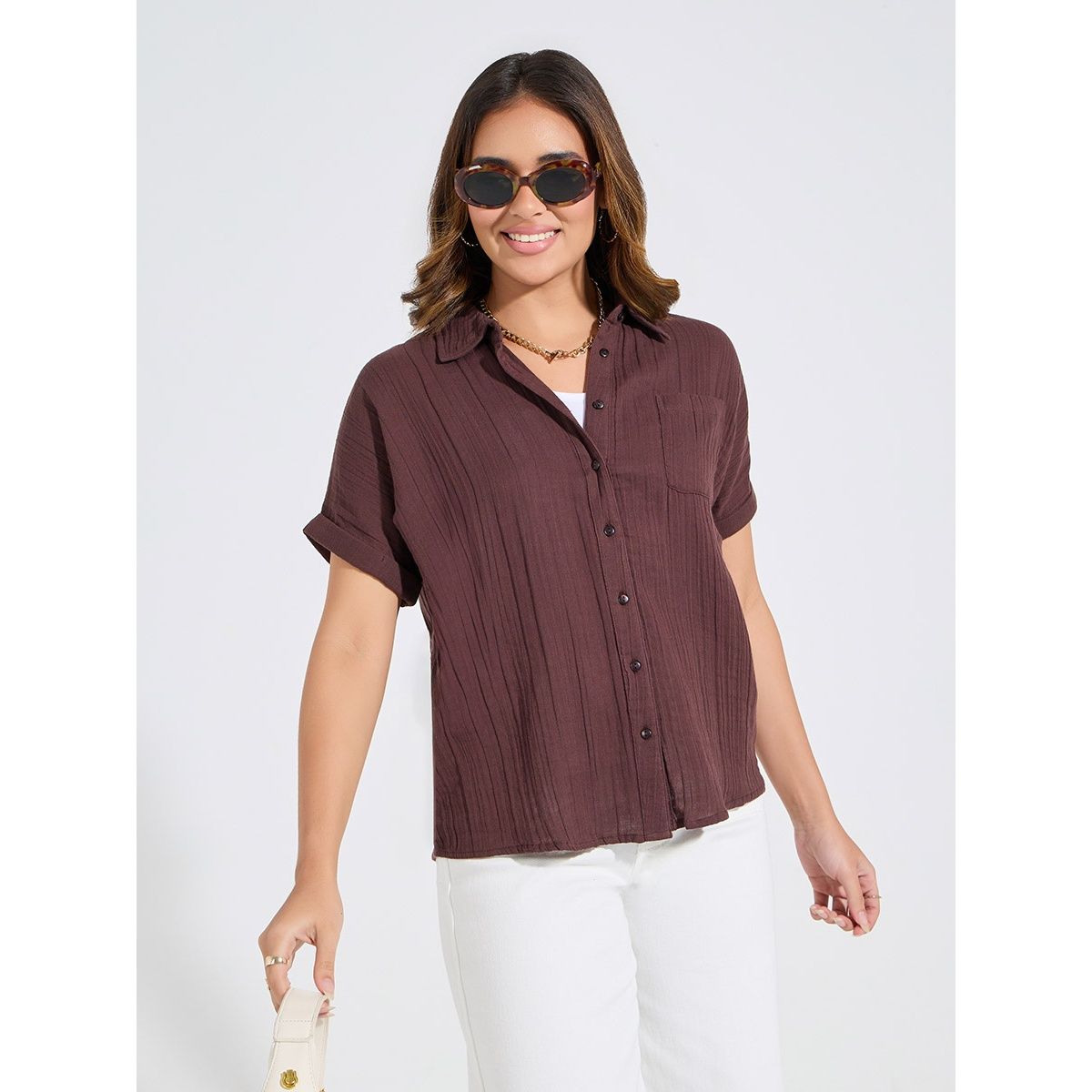 Styli Women's Button Down Shirt with Roll-up Sleeve, Textured Fabric and Regular Fit | Brown - S