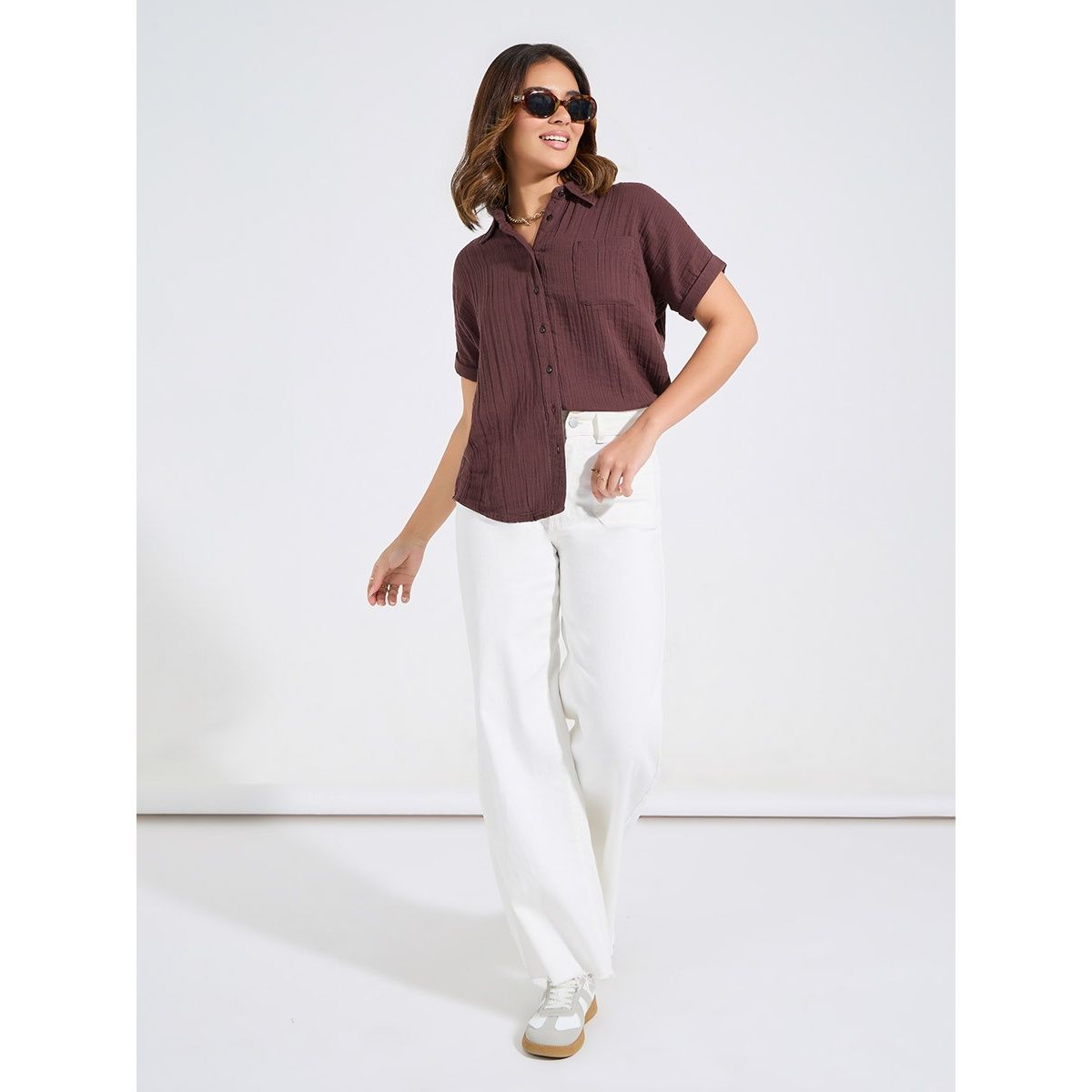 Styli Women's Button Down Shirt with Roll-up Sleeve, Textured Fabric and Regular Fit | Brown - S