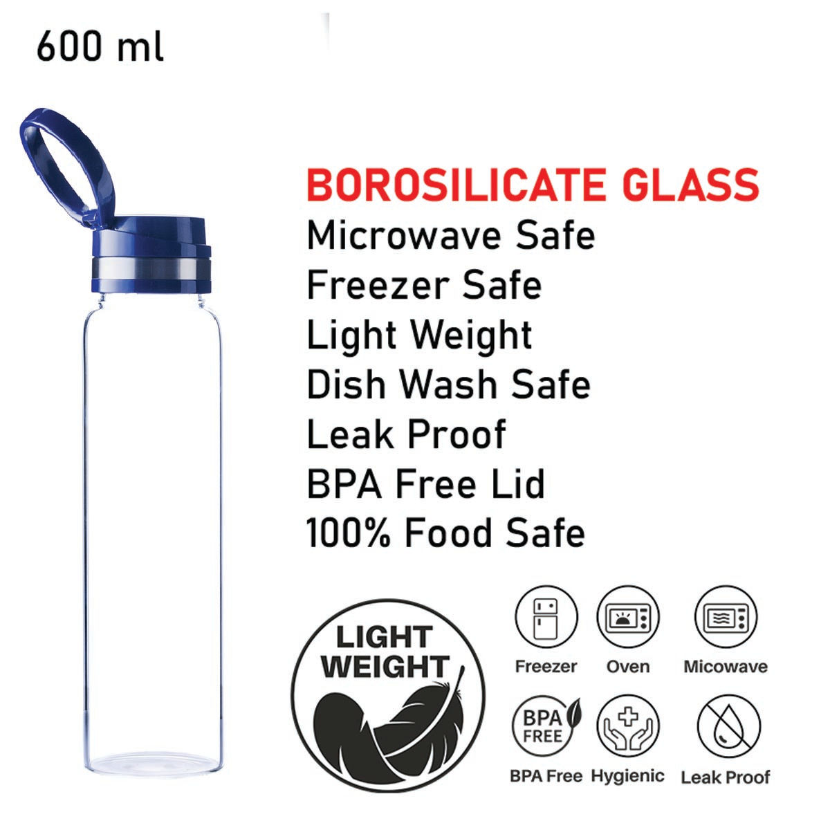 BAY6 Premium Imported Borosilicate Glass Bottle -600 ml