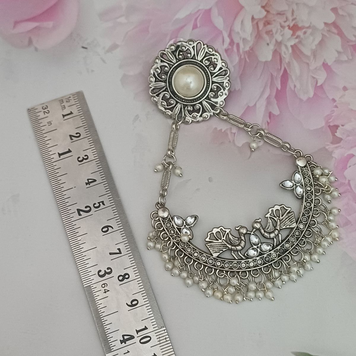 Oxidised Chandelier Earrings with Moti Work Long