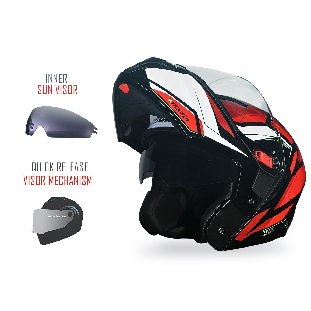 Studds Trooper D2 ISI-DOT CertifiedFlip-up Helmet with Dual Visor |Black Red - XL