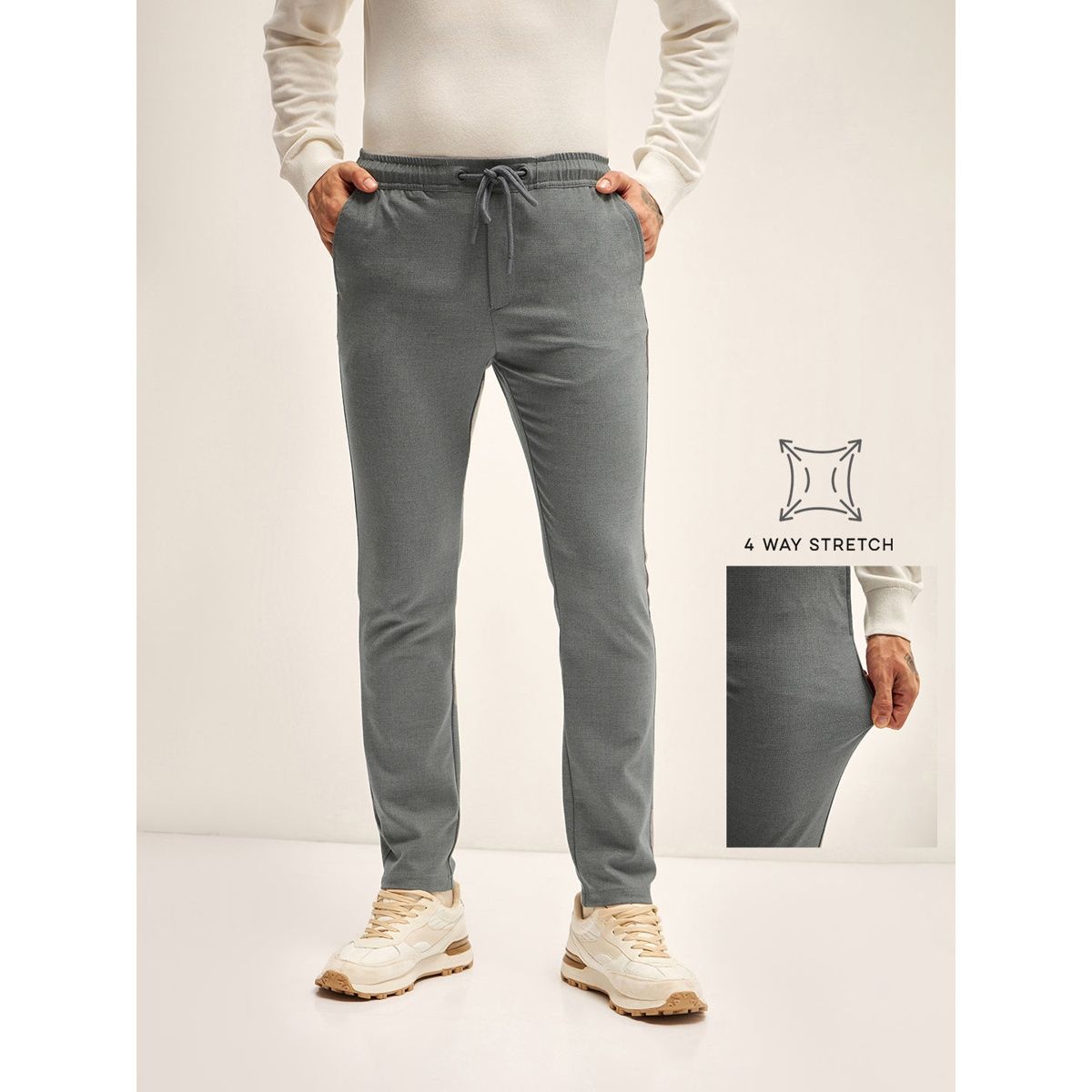 The Bear House Men 4 Way Stretch Solid Formal Trouser - Fueng | Grey | 38