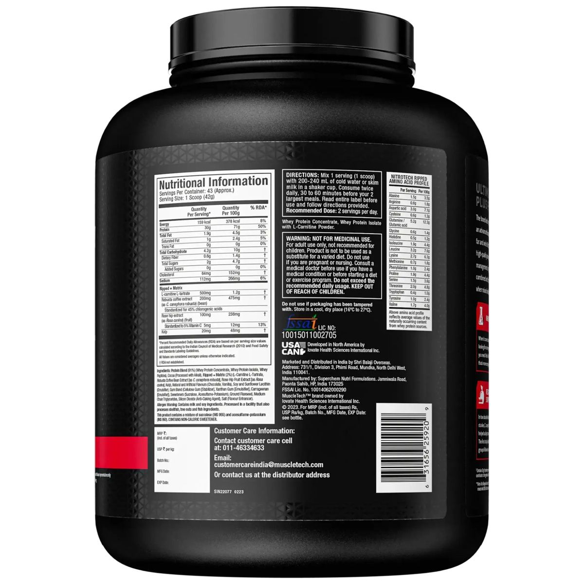 Muscletech Nitrotech Ripped Chocolate Fudge Brownie Low Fat Lean Whey Protein VEGetarian
