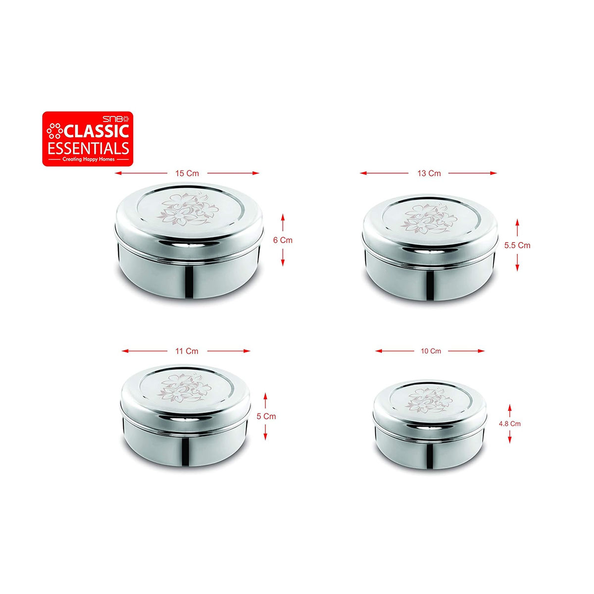 Classic Essentials Stainless Steel Utility Container 250ml, 350ml, 550ml, 900ml Pack of 4