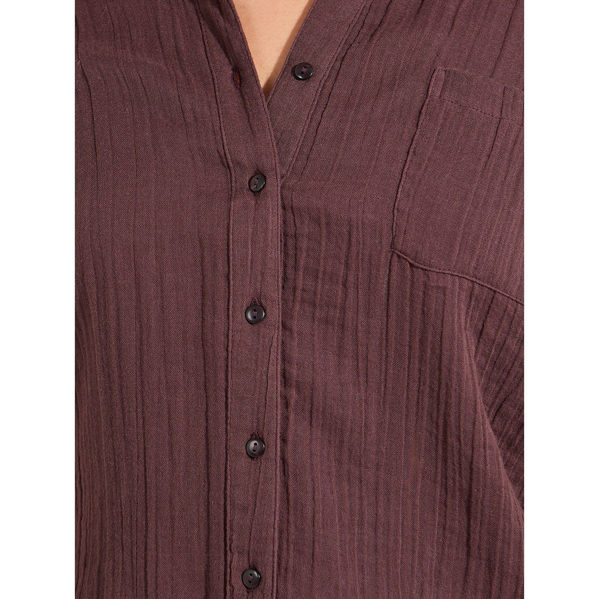 Styli Women's Button Down Shirt with Roll-up Sleeve, Textured Fabric and Regular Fit | Brown - S