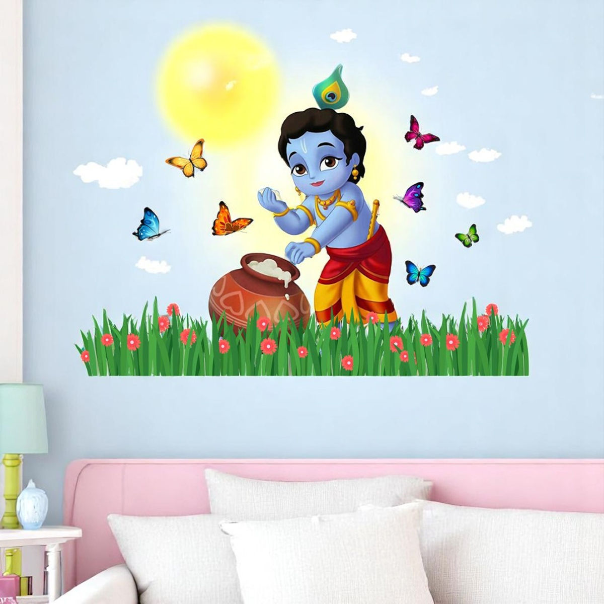Divine Vibes Laddoo Gopal Krishna Eating Makhan Wall Sticker