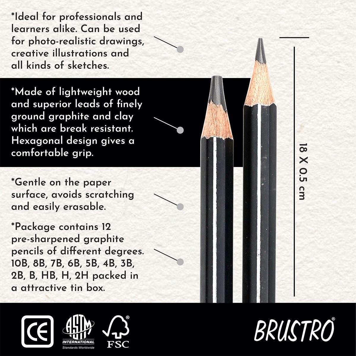 Brustro Artists Fine Art Graphite Pencil Set Of 12 | 10B - 2H | Tin Box