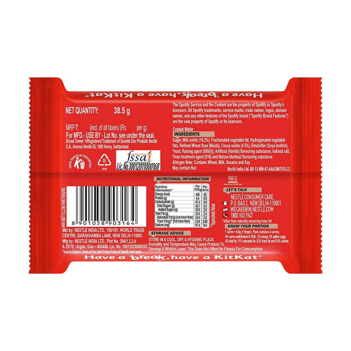 Nestle Kitkat 4 Fingers Choco Coated Wafer Bar with Spotify