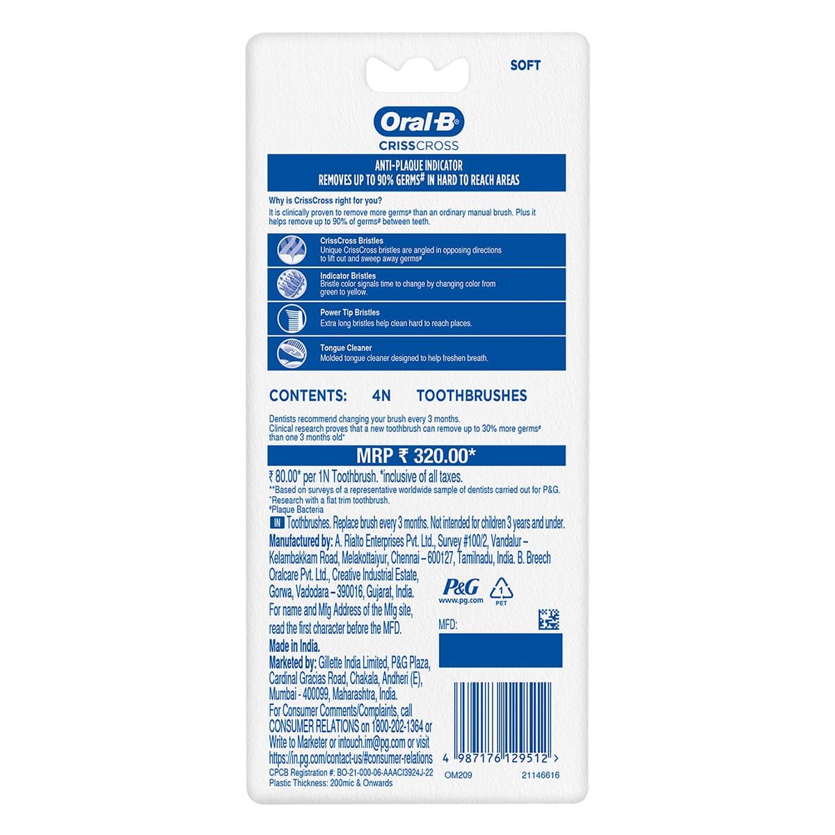 Oral-B Criss Cross of 4 Soft Toothbrushes 4 pc Combo
