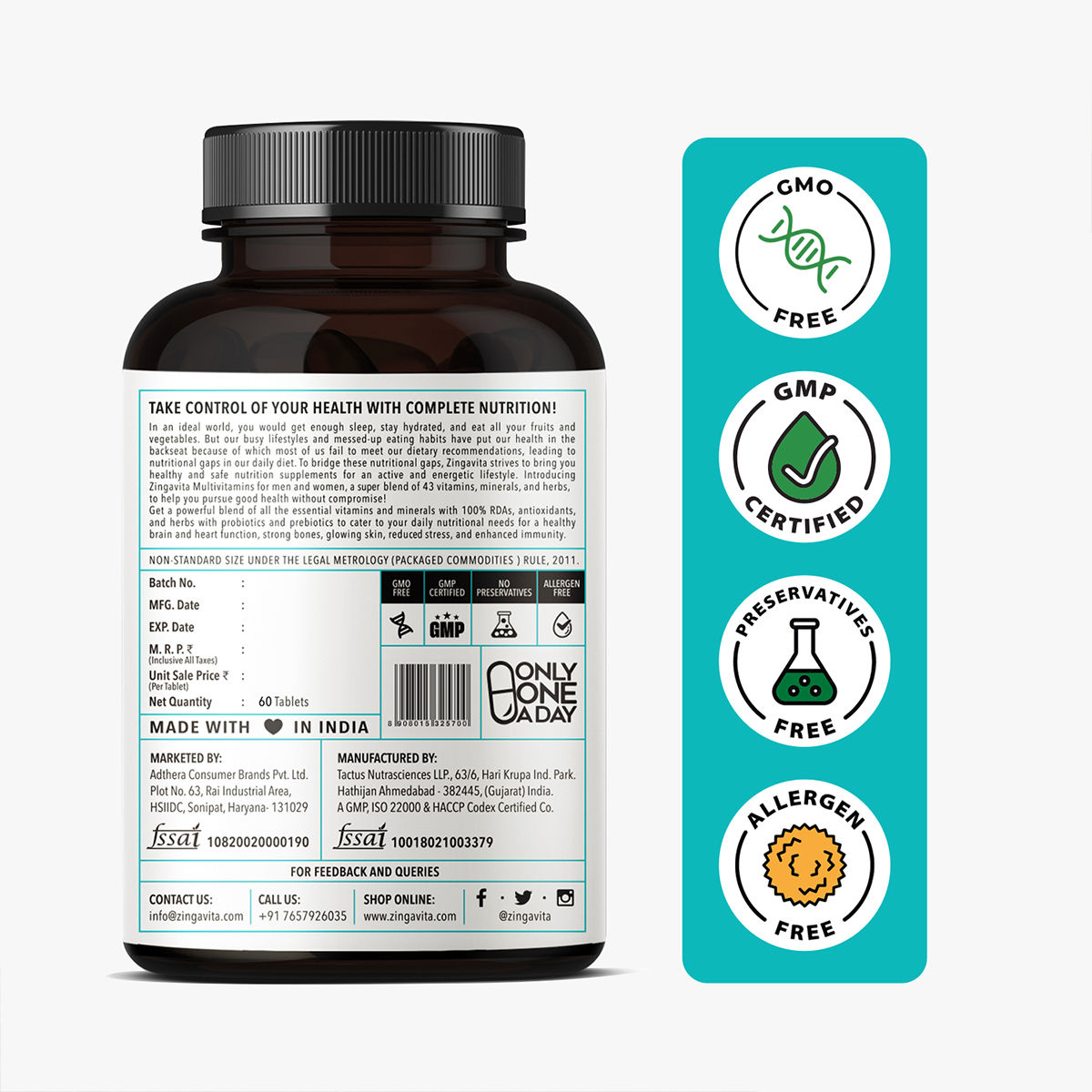 Zingavita Probiotics + Multivitamins | Gut Health with Energy & Stamina - 60 Tablets