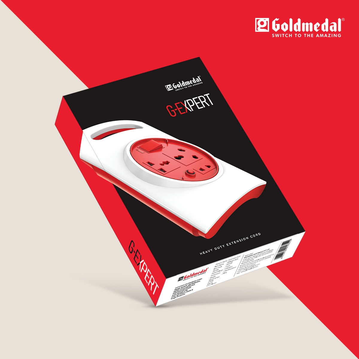 Goldmedal G-Expert 16A 3-Pin Extension Cord (White) - with Power Plug- Master Switch with Indicator, 16A Uni. Socket, 3.5-meter Cable, International Sockets & Tripper for Heavy Appliances