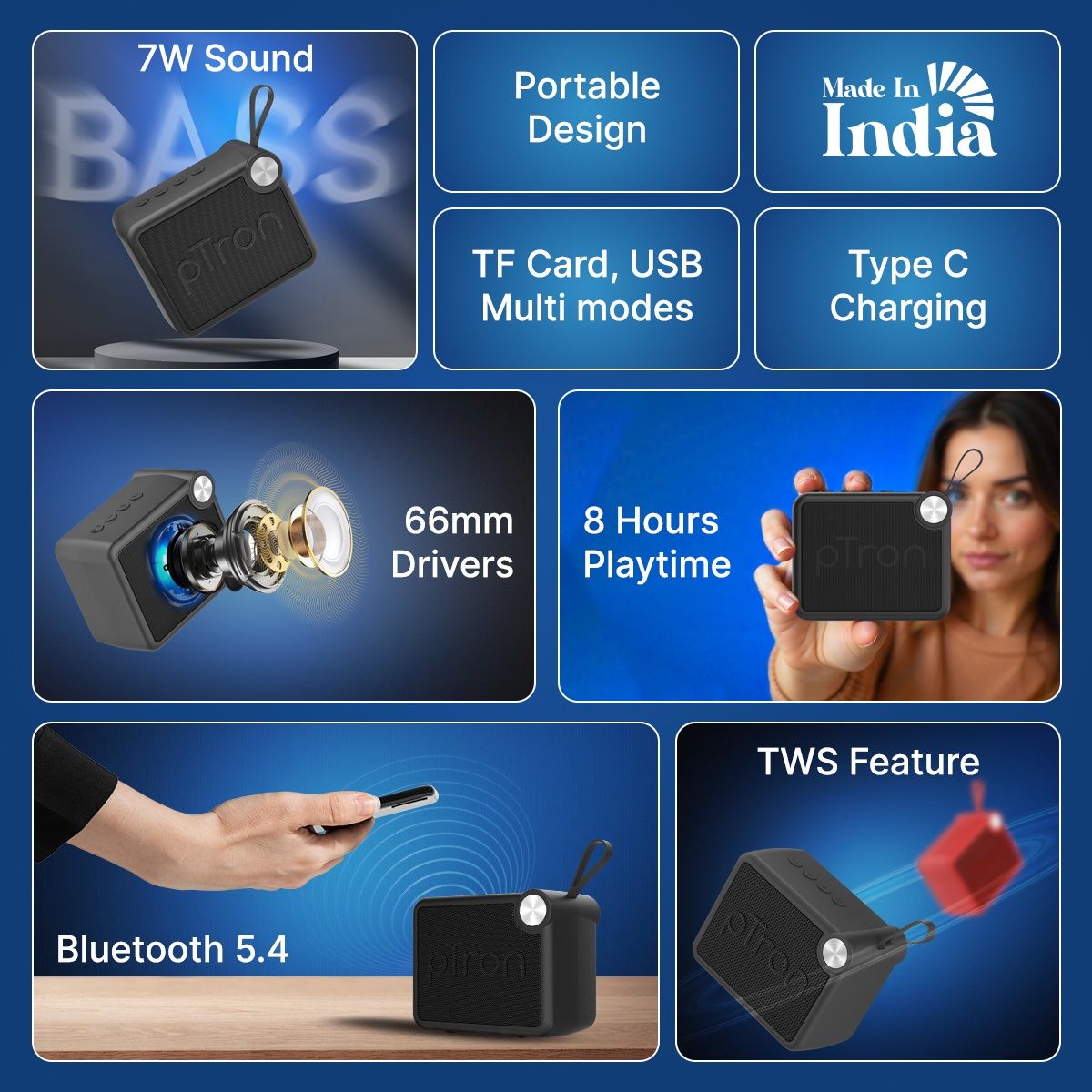 pTron Musicbot Pop V2 7W Mini Bluetooth Speaker with Pristine Sound & 8 Hours Playtime | Black