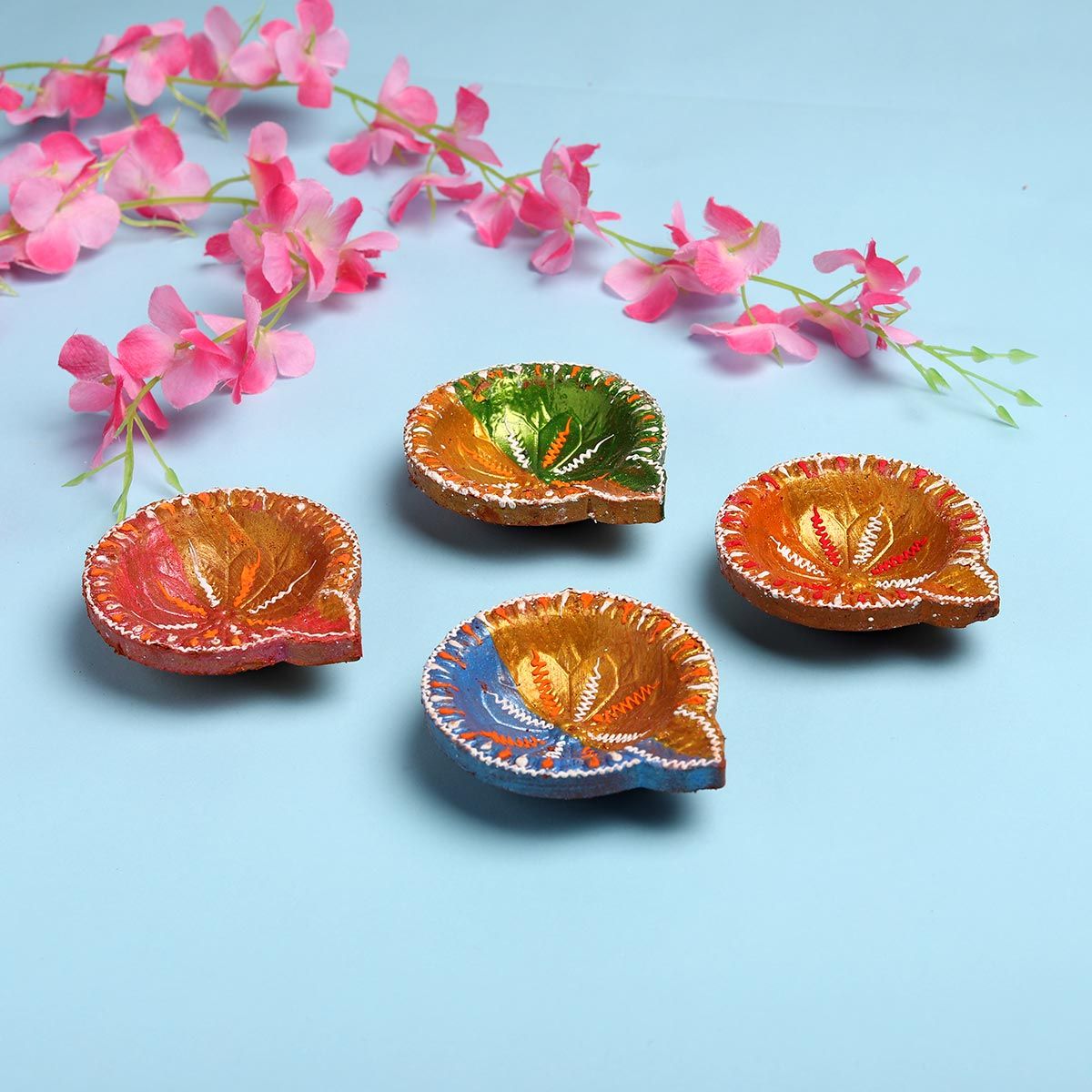 Shruti Creations In Flower Decorative Clay Diya - Set Of 4