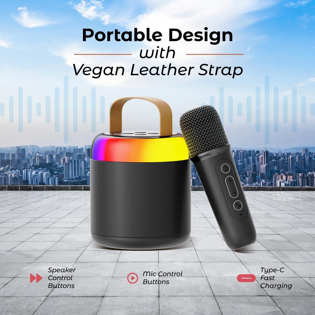 pTron Fusion Bliss 16W Bluetooth Speaker | Wireless Karaoke Mic | RGB Lights | 6Hrs Playtime - Black