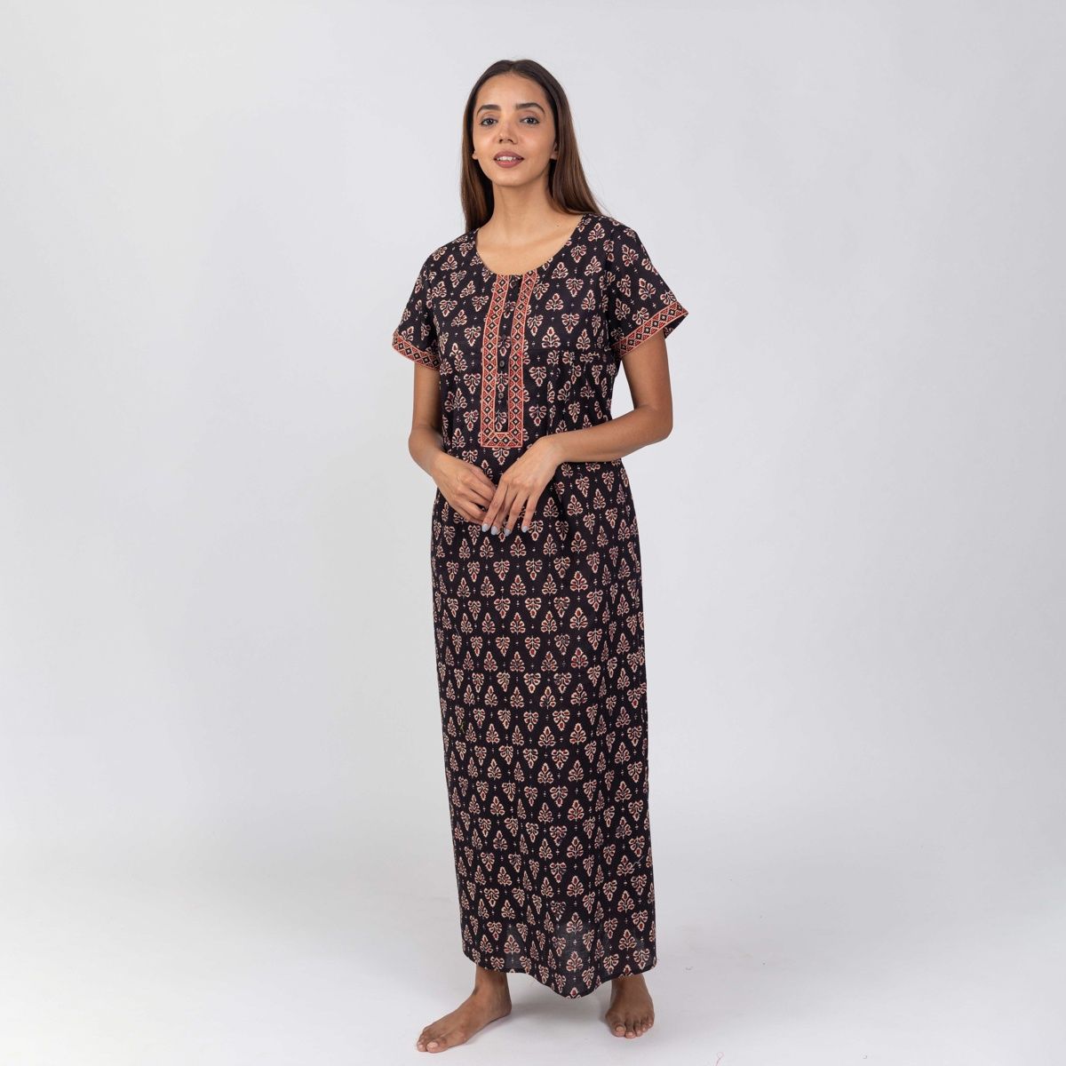 Nihsamah Women's Cotton Night Gown with Pockets | Full Length | Black - XXL