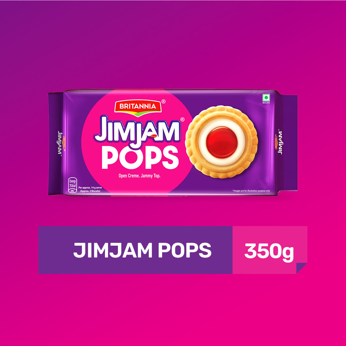 Britannia Jimjam Pops, Crunchy Cookie With Vanilla Crème And Jammy Center, Open Crème Biscuit