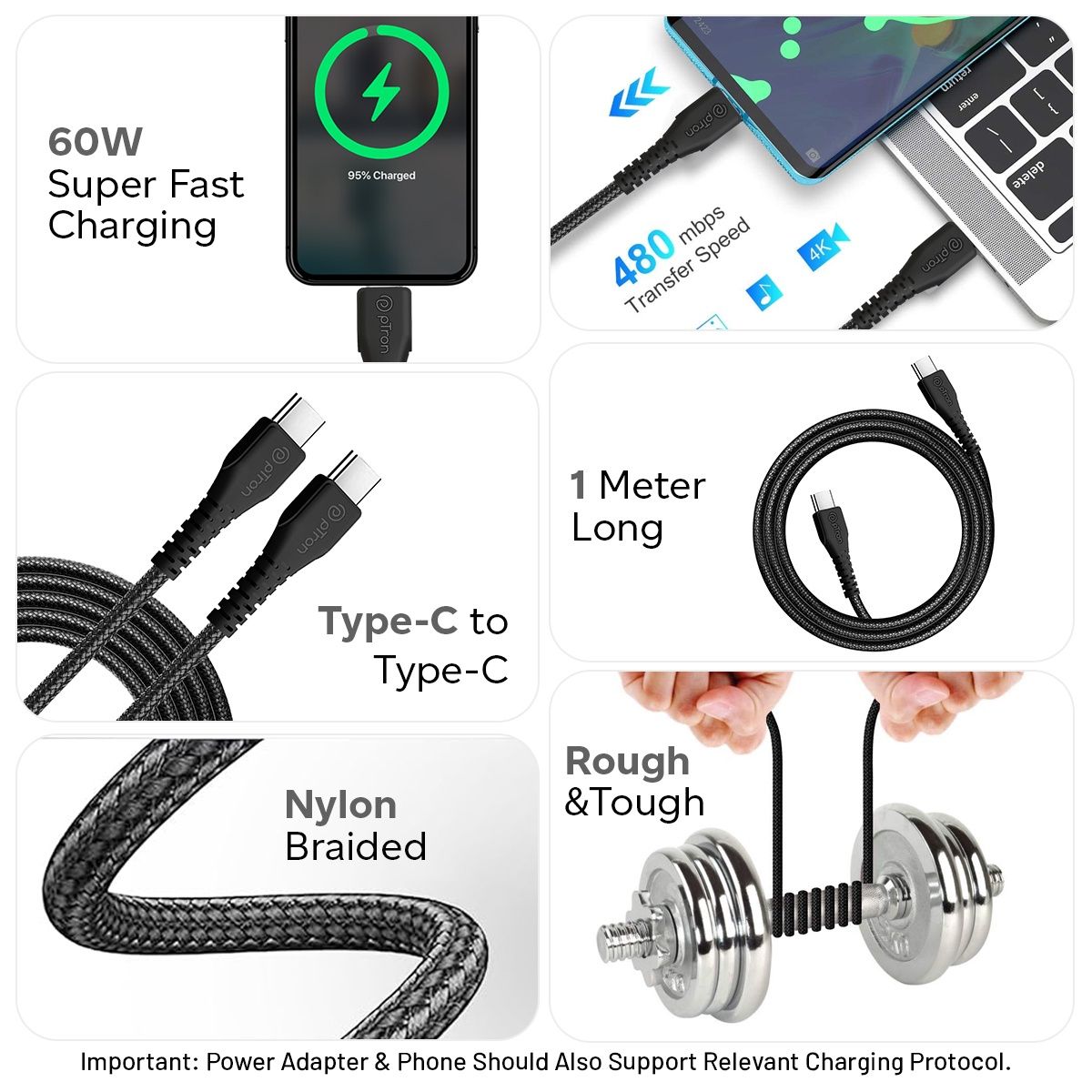pTron Solero Braid 60W Cable Type C to Type C Fast Charging | 1m For Samsung, OnePlus, Oppo, Xiaomi - Black
