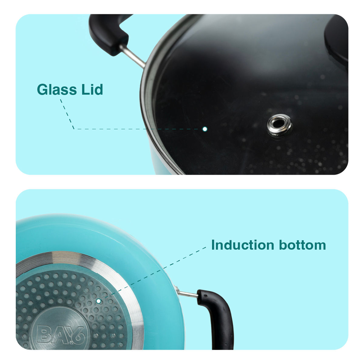 BAY6 Nonstick Induction Bottom Kadai with Glass Lid (3mm) 24 cm - Teal