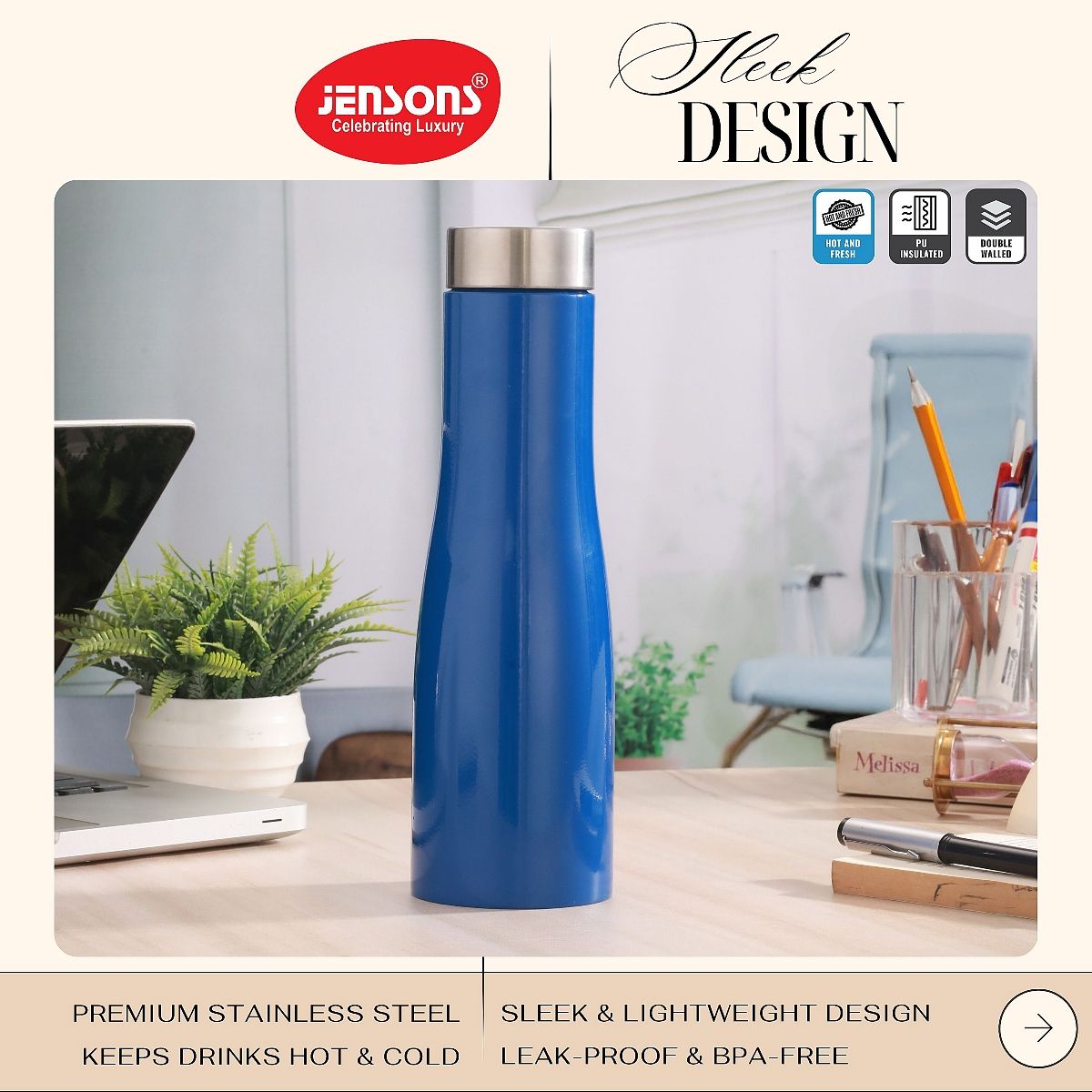 Jensons Stainless Steel Single Wall Flora 1 Bottle Liter | Blue - 1 L