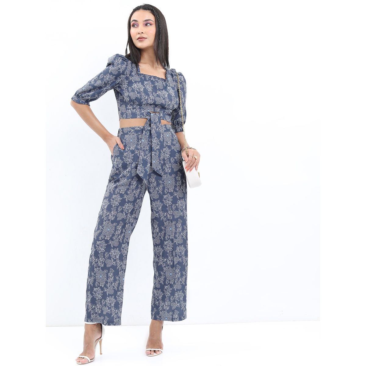 Ketch Women Floral Printed Crop Kaftan Top and Trouser | Blue | S