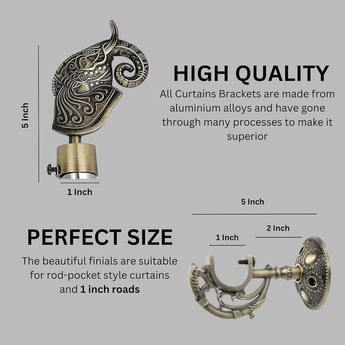 Gloxy Aluminium Antique Finish Curtain Bracket With 1 in Rod Support Fittings | Pair of 2)