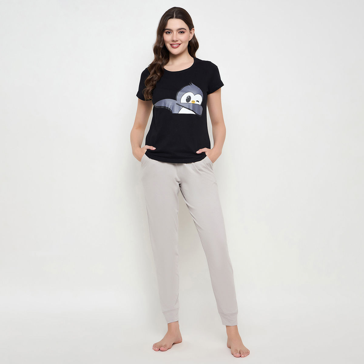 Clovia Dab Penguin Print Top & Solid Jogger Set - 100% Cotton(Black - S)