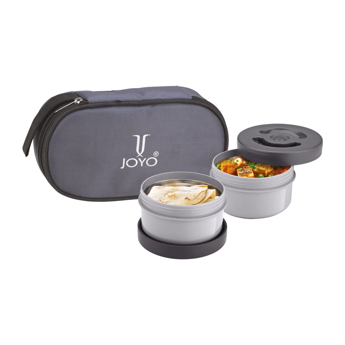 Joyo Premier Lunch Box With Zipper Pouch, Set Of 2, 375 Ml Each, Grey | Leak Proof | Food Grade