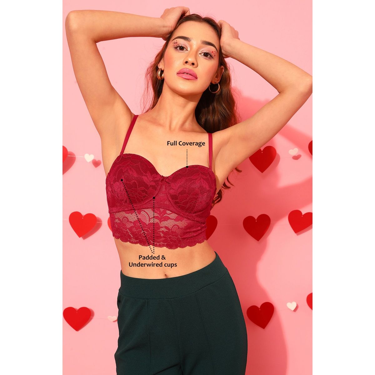 Clovia Women Padded Underwired Full Coverage Multiway Longline Bralette - Lace | Red | 36B