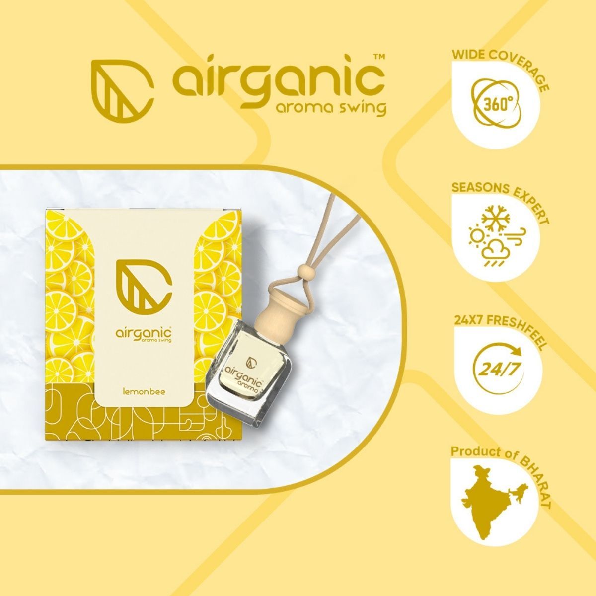 Airganic Aroma Swing - Lemon Bee 10 Ml | Essential Oils in Glass Bottle with Wooden Lid