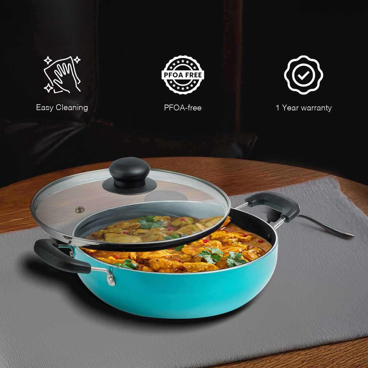 BAY6 Nonstick Induction Bottom Kadai with Glass Lid (3mm) 24 cm - Teal