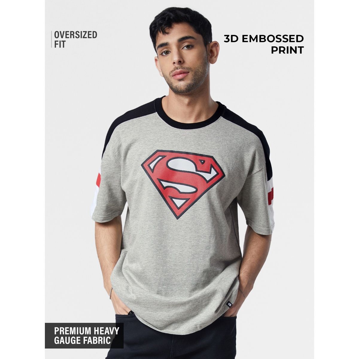 The Souled Store Men's Superman Logo (3D) Oversized T-shirt | Grey - M