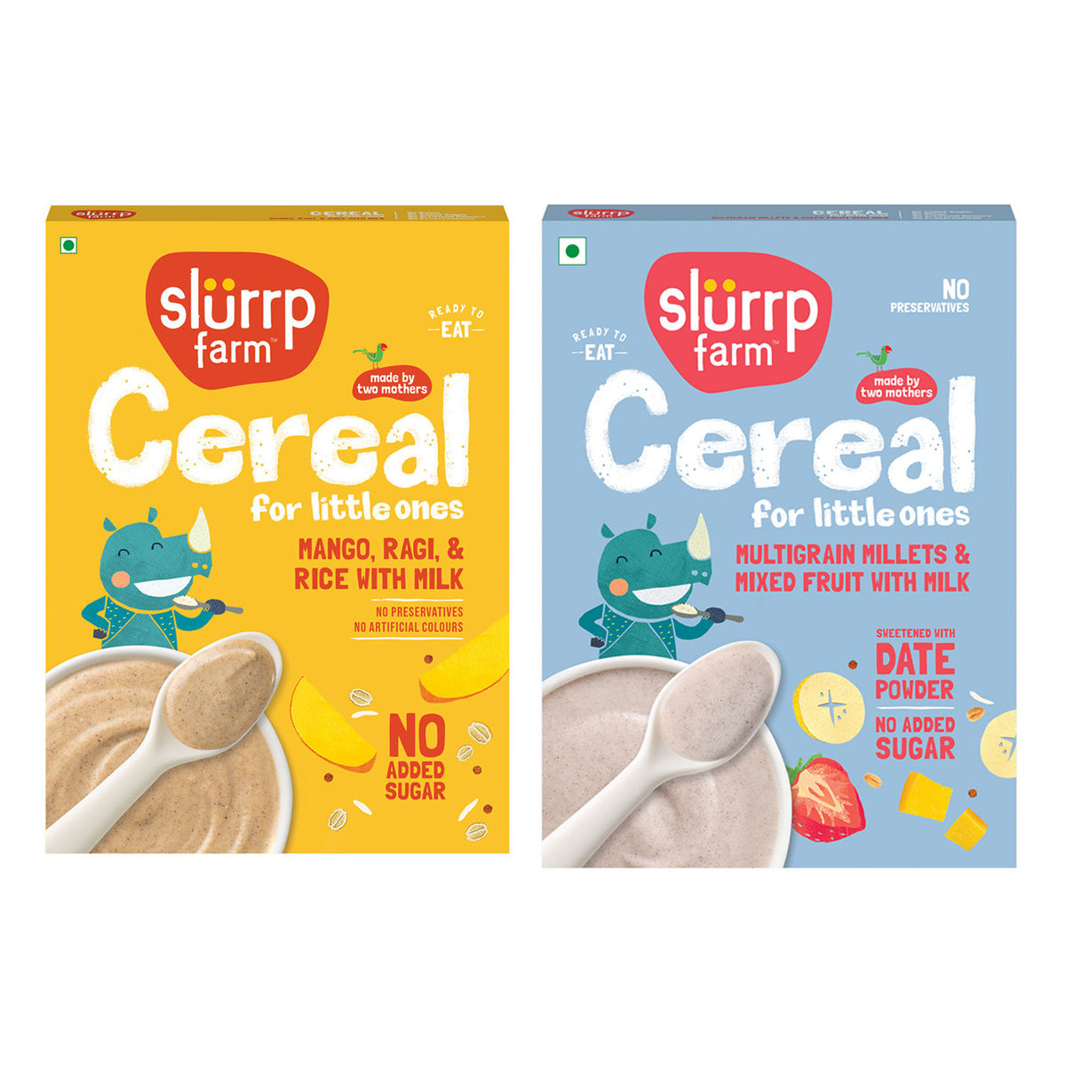 Slurrp Farm No Added Sugar Cereal - Ragi, Rice And Mango With Milk, No Preservatives, Made With Multigrain Millets, 200 Gm(200gms) & Slurrp Farm Multigrain Instant Cereal With Rice Crispies Mixed Fruits Flavour No Refined Sugar, 300 Gm(200gms) Combo