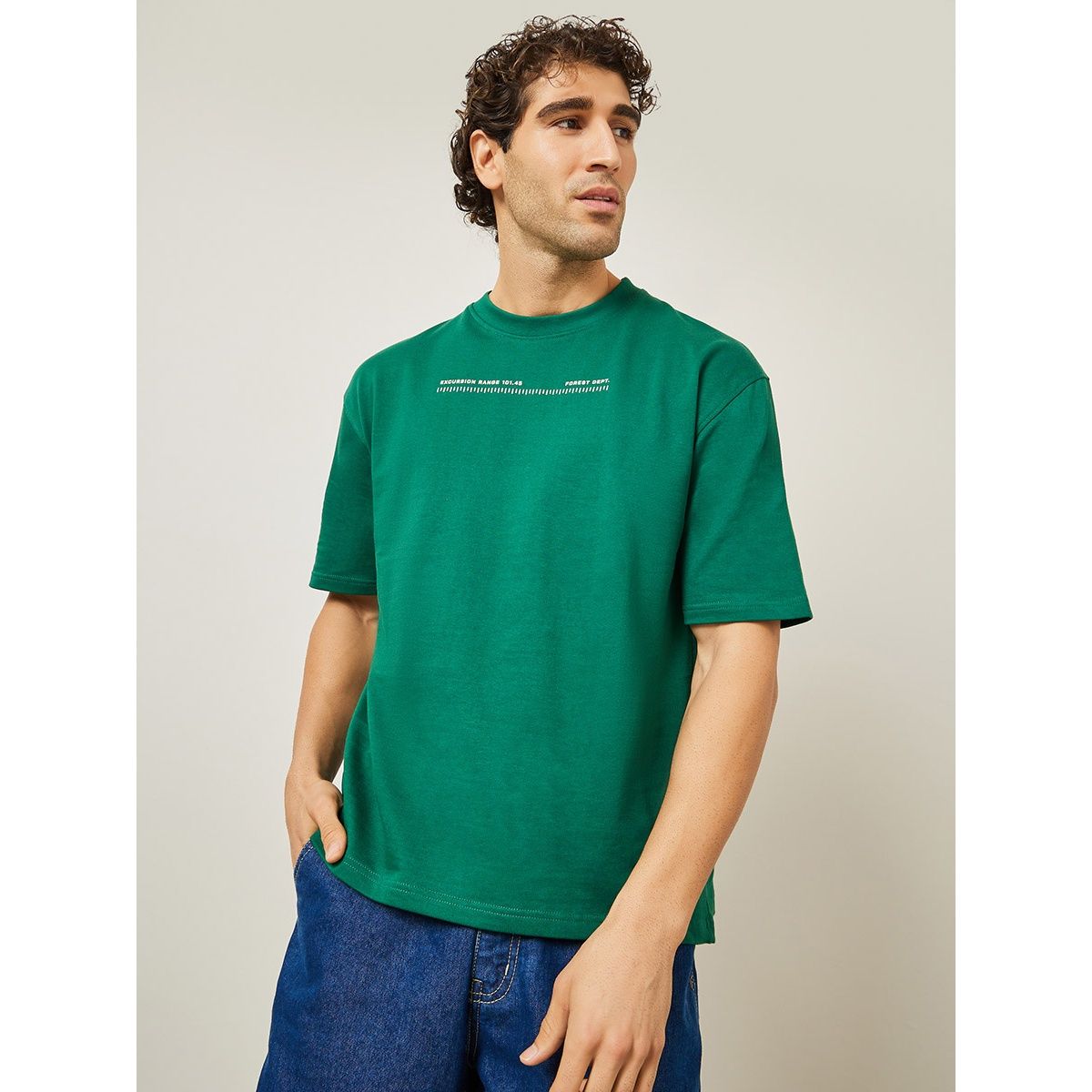 Styli Men's Oversized T-shirt with Premium Terry Fabric and HD Back Print | Green - L