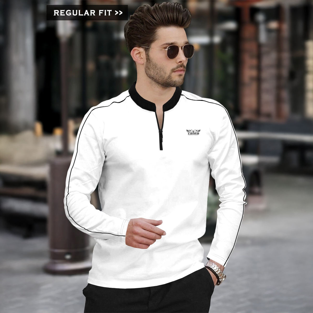 TRIPR Men Cotton Blend Mandarin Collar T-shirt | White and Black - 2XL