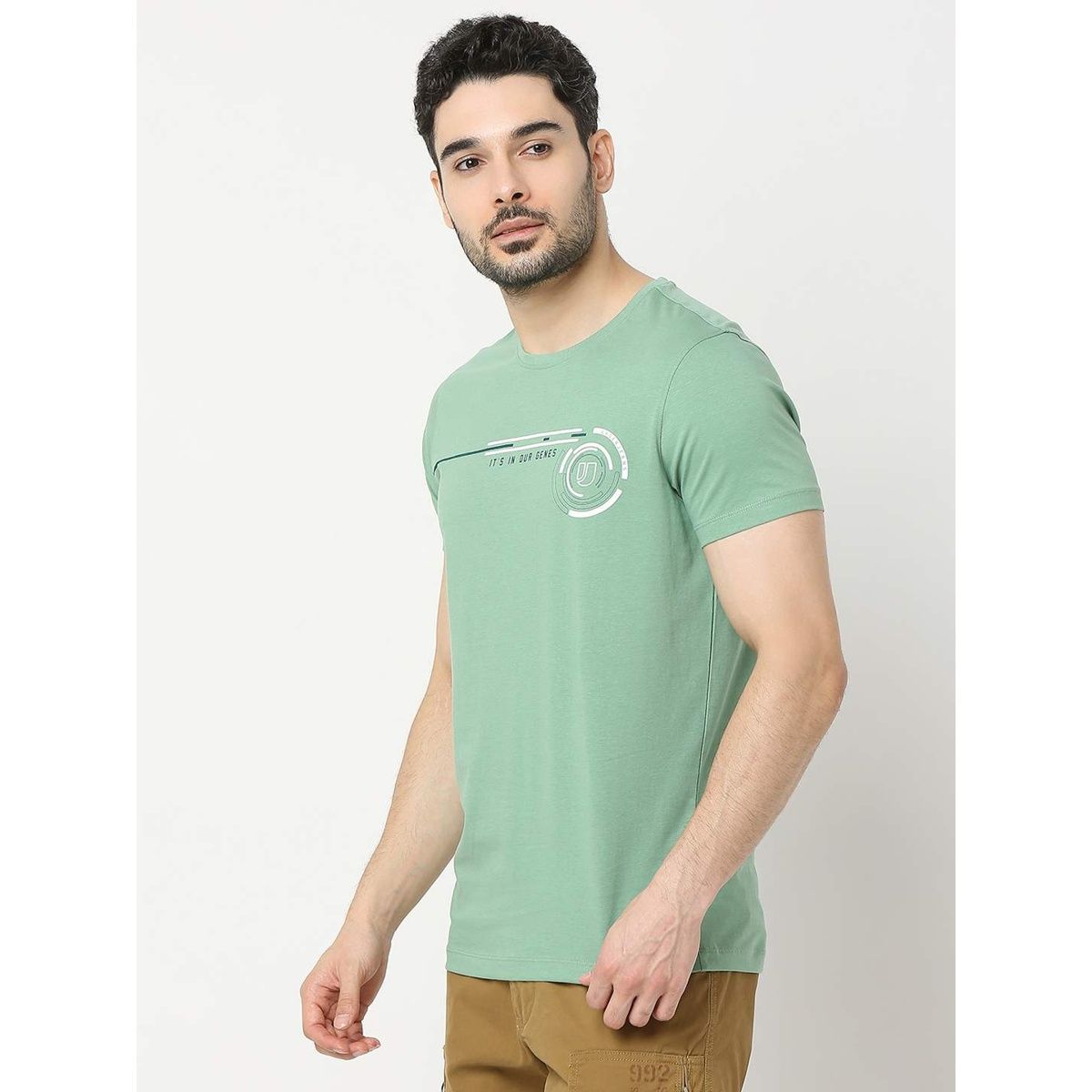 Underjeans by Spykar Men Pure Cotton T-shirt | Sage Green - S